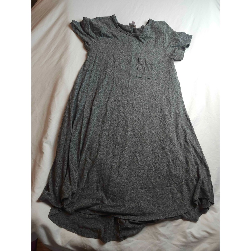 LuLaRoe Carly Dress Womens Medium Gray Heathered Short Sleeve Pocket High Low‎